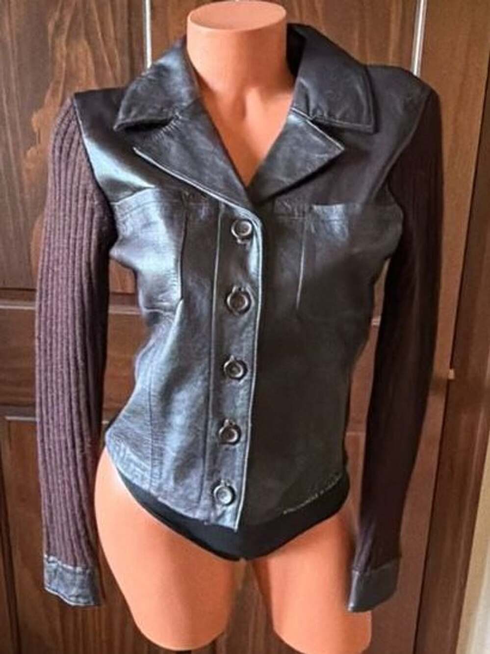 Twiggy Women's Brown Genuine Leather Jacket with Wool Blend Sleeves